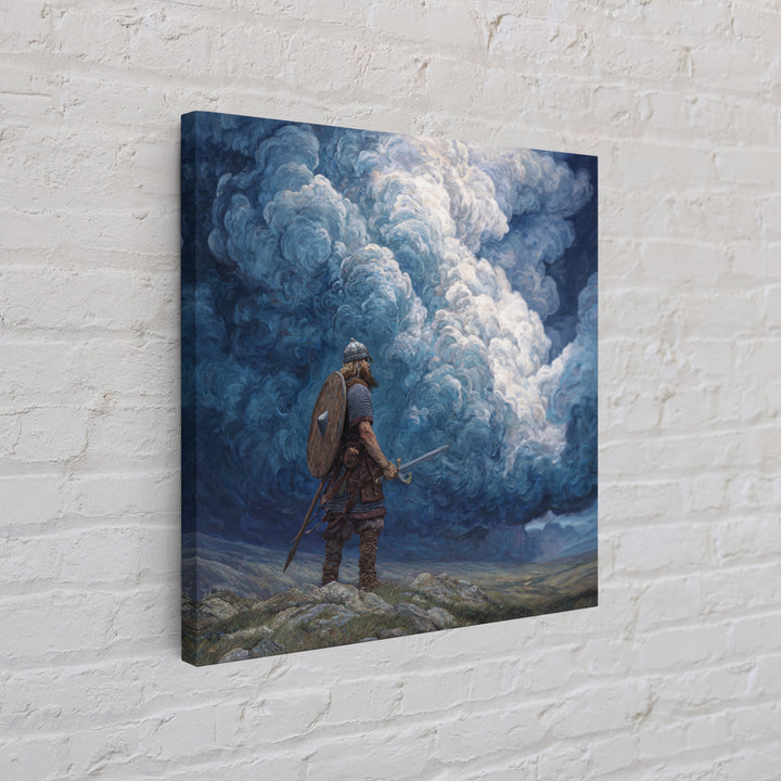 Viking Warrior Beneath Storm Clouds Wall Art, Nordic Fantasy Landscape, Dramatic Blue Canvas Print, Masculine Rustic Decor