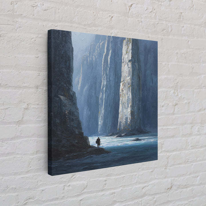 Lone Traveler In Blue Canyon Canvas Print, Misty Cliff Landscape Painting, Moody Nature Wall Art For Living Room Decor Gift