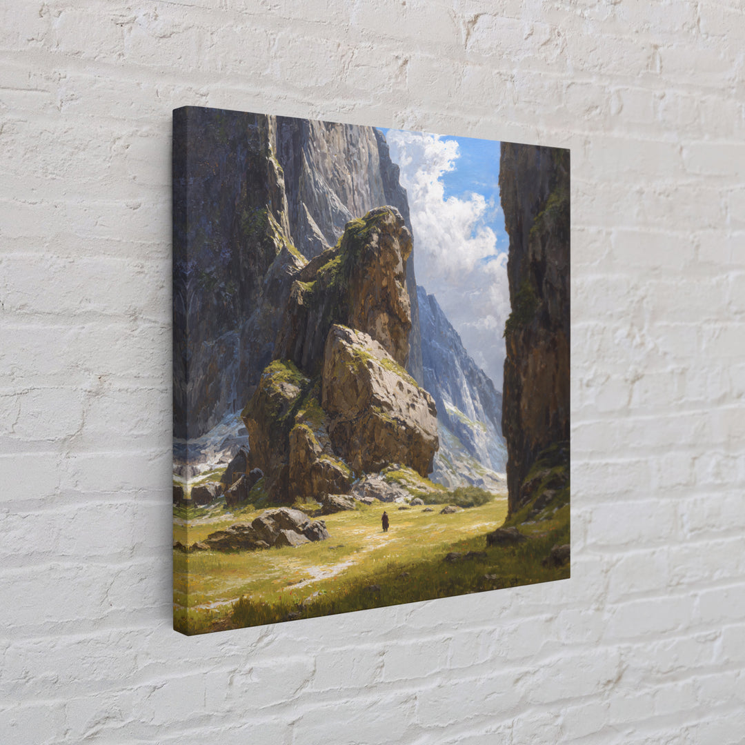 Majestic Alpine Canyon With Lone Traveler Wall Art, Mountain Landscape Painting, Nature Canvas Decor, Large Living Room Art