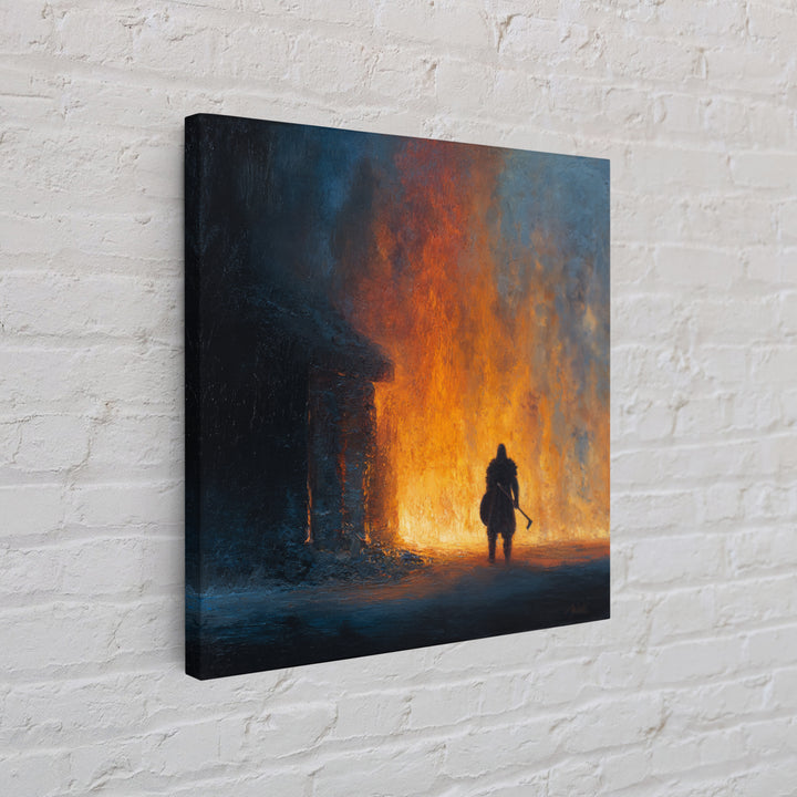 Lone Warrior Before Blazing Hall Wall Art, Dark Fantasy Fire Painting, Medieval Battle Decor, Moody Canvas Art Gift For Him