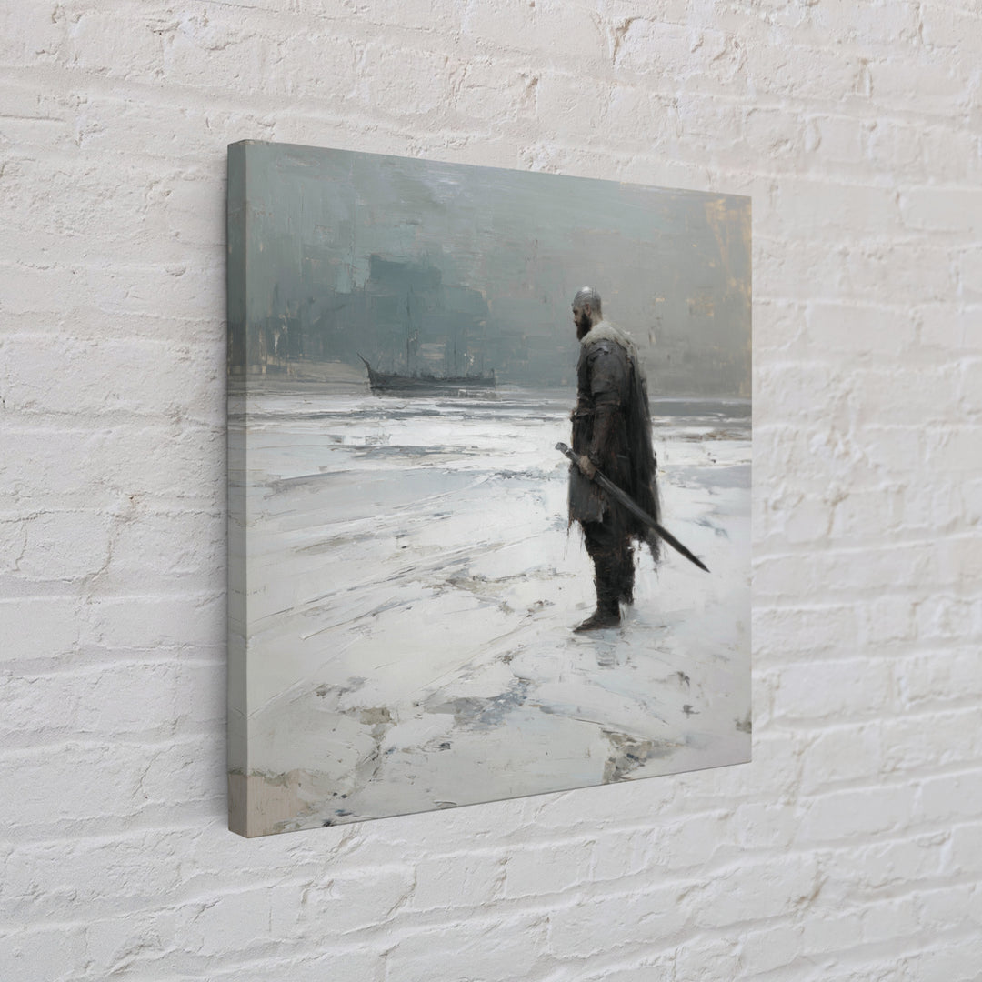 Lone Warrior With Sword In Snow Framed Canvas Print, Nordic Winter Landscape, Moody Wall Art, Dark Fantasy Office Decor Gift