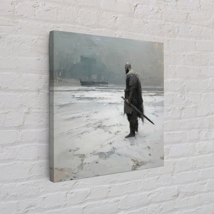 Lone Warrior With Sword In Snow Framed Canvas Print, Nordic Winter Landscape, Moody Wall Art, Dark Fantasy Office Decor Gift
