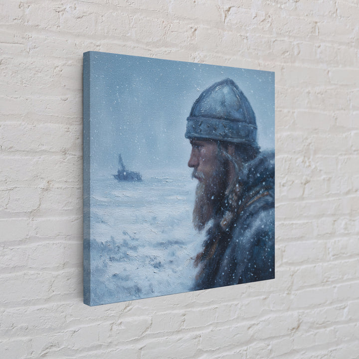 Snowy Viking Warrior Profile Wall Art, Nordic Winter Seascape Oil Painting, Norse Mythology Decor, Masculine Art Print Gift
