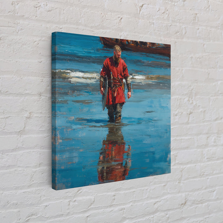 Red Viking Warrior On Shore Canvas Print, Medieval Seascape Oil Painting, Norse Wall Decor, Coastal Masculine Gift For Him