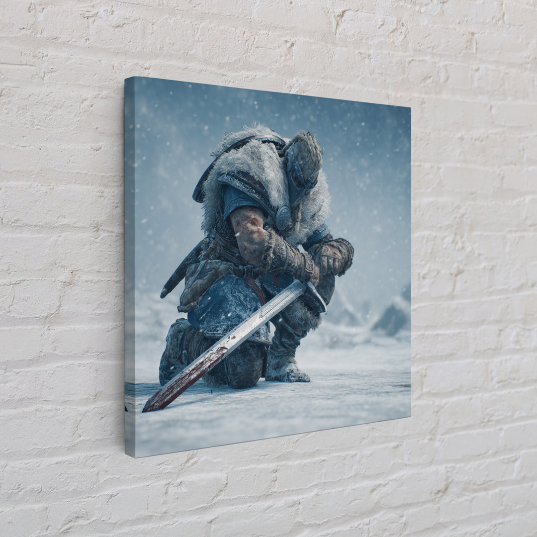 Kneeling Viking Warrior In Snow Framed Canvas Print, Nordic Wall Art, Fantasy Sword Decor, Winter Battle Gift For Him, Man Cave Decor
