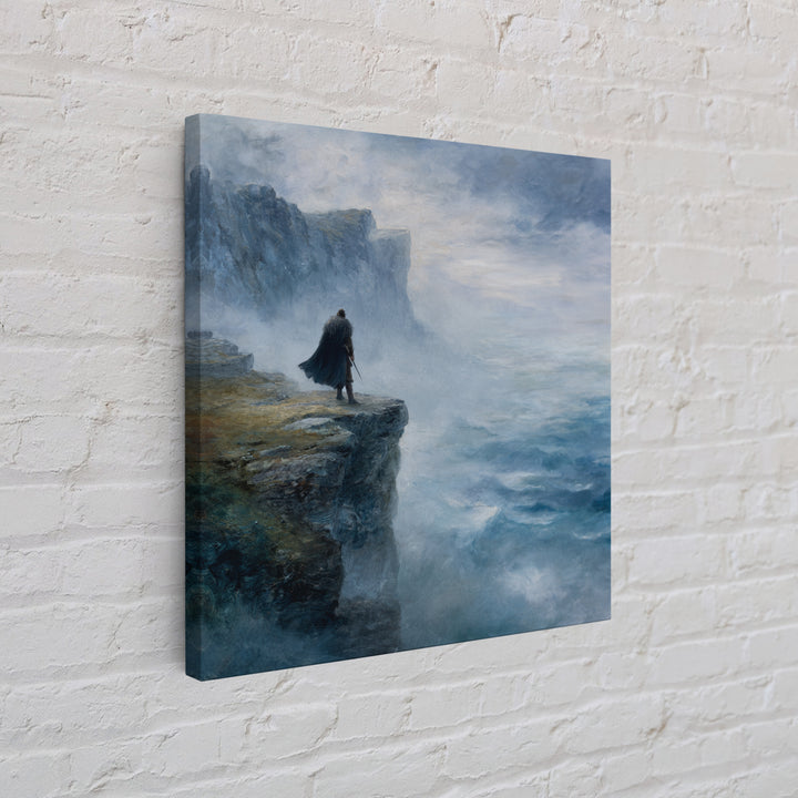 Cloaked Wanderer On Misty Sea Cliff Wall Art, Moody Coastal Landscape Oil Painting, Nordic Fantasy Home Decor For Living Room