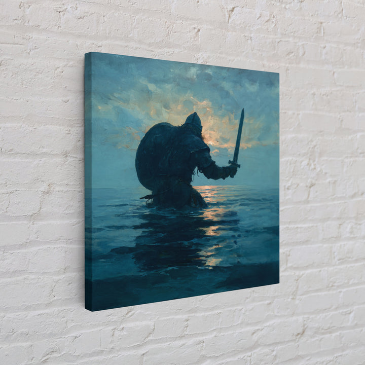 Lone Warrior Rising From The Sea Wall Art, Blue Ocean Sword Painting, Mythic Coastal Canvas Print For Dramatic Living Room Decor
