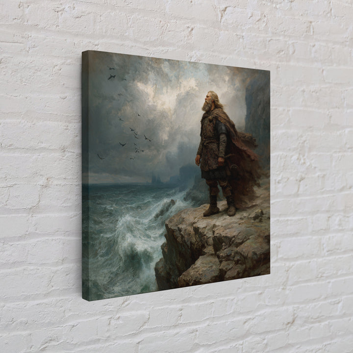 Viking Chieftain On Stormy Sea Cliff Wall Art, Moody Norse Coastal Painting, Dramatic Landscape Art, Masculine Office Decor