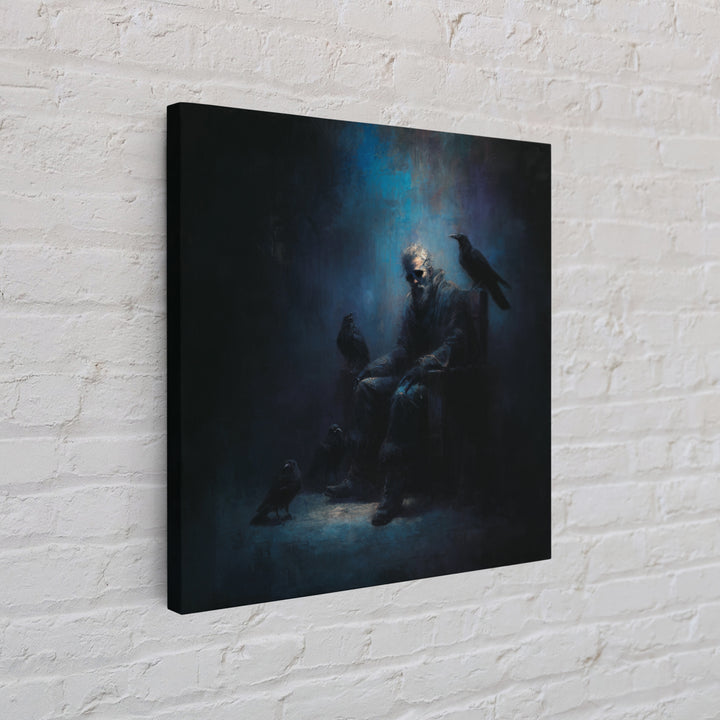 Moody Raven Keeper Portrait Framed Canvas Print, Dark Academia Wall Art, Gothic Crow Oil Painting, Mysterious Office Decor