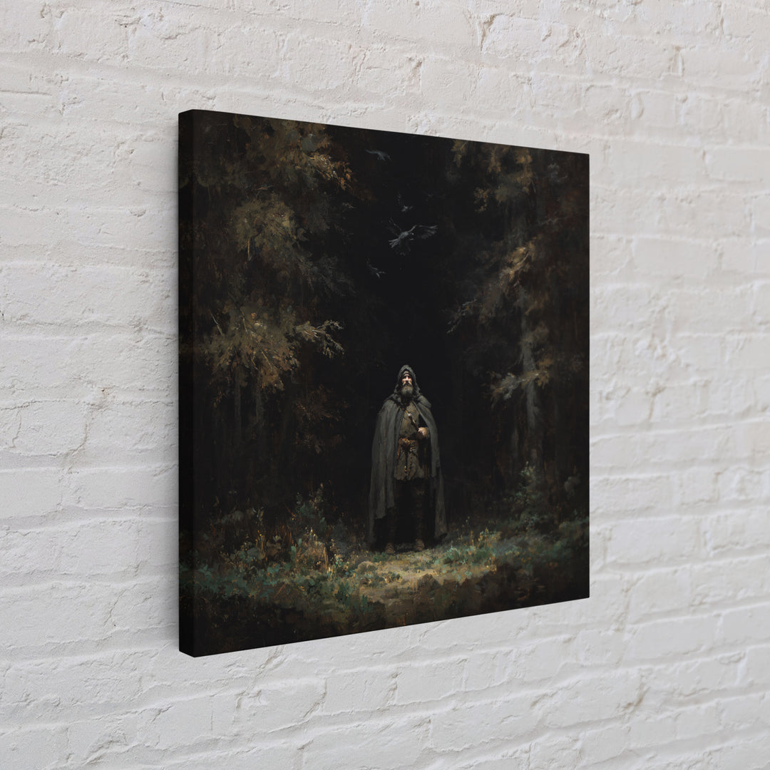 Hooded Wanderer In Dark Forest Wall Art, Raven Gothic Landscape Painting, Moody Fantasy Canvas Print For Dark Academia Decor
