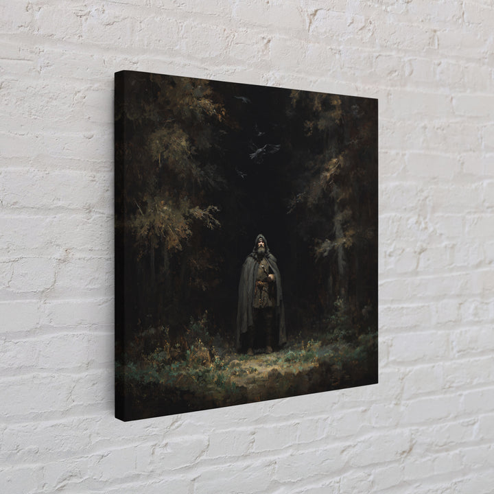 Hooded Wanderer In Dark Forest Wall Art, Raven Gothic Landscape Painting, Moody Fantasy Canvas Print For Dark Academia Decor