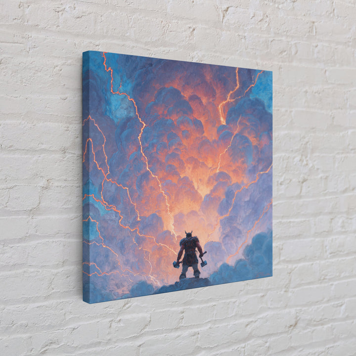 Thor Like Warrior Under Lightning Wall Art, Norse Mythology Storm Painting, Fantasy Canvas Print, Dramatic Game Room Decor