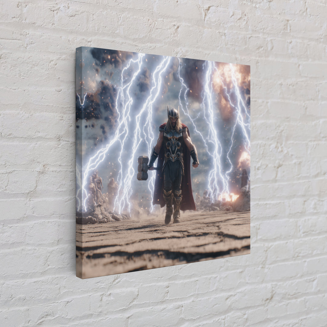 Thunder God With Hammer And Lightning Wall Art, Norse Mythology Canvas Print, Fantasy Warrior Decor, Gift For Him, Gaming Room Art