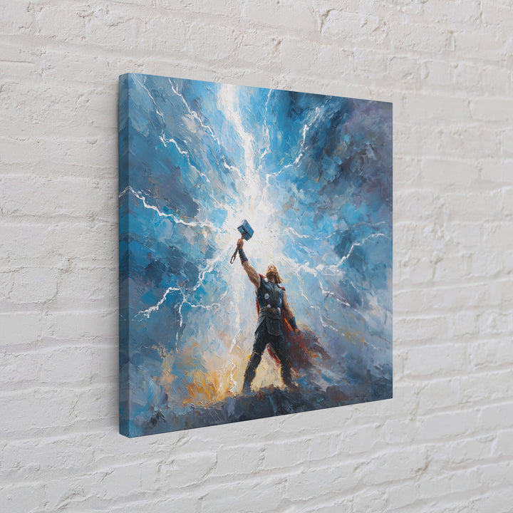 Thunder God Raising Hammer Wall Art, Norse Mythology Canvas Print, Lightning Storm Oil Painting, Viking Decor Gift For Him