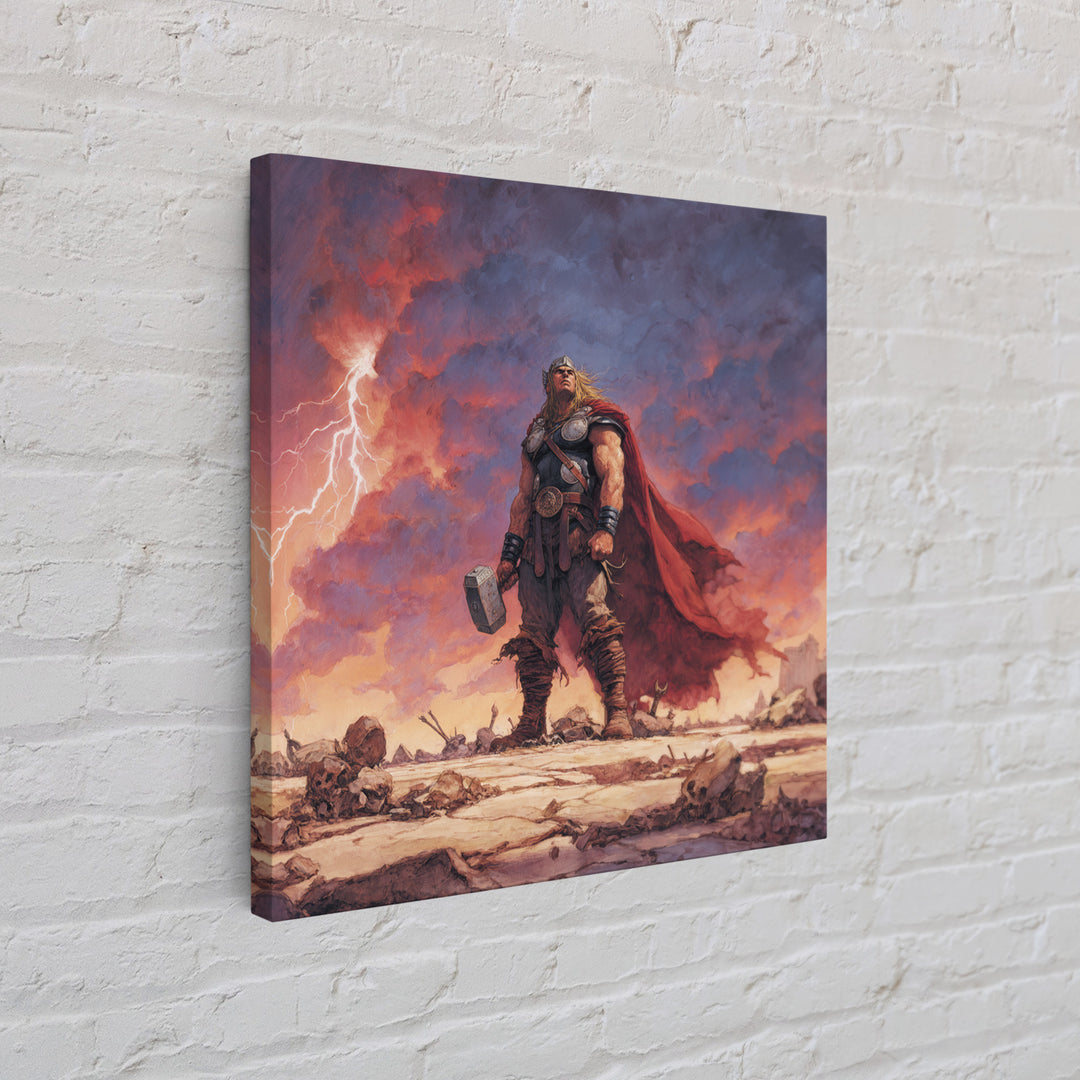 Thunder God With Hammer And Stormy Lightning Sky, Epic Viking Canvas Print, Norse Mythology Wall Art, Fantasy Warrior Decor