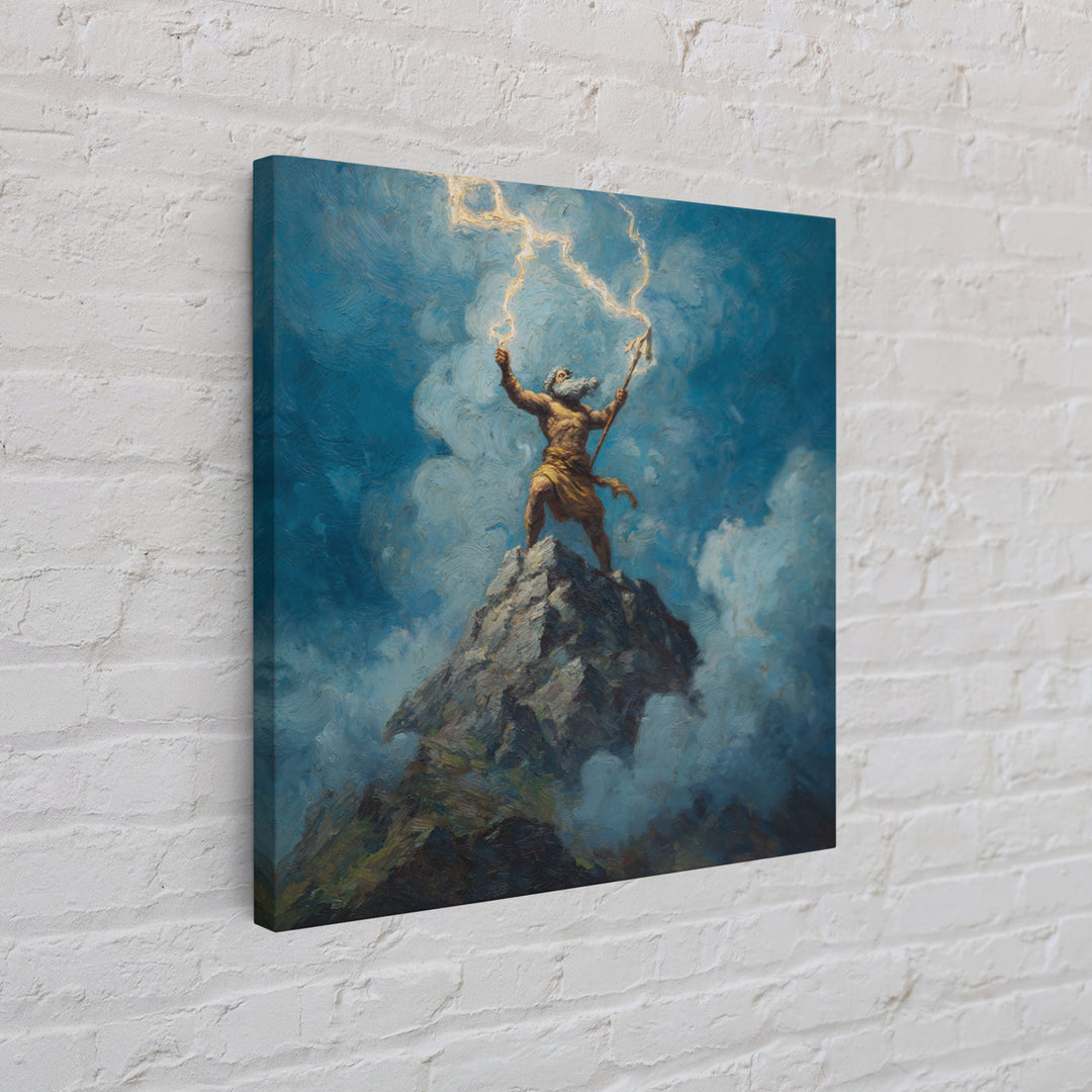 Thunder God Raising Lightning On Mountain Peak Wall Art, Mythological Art Print, Fantasy Art, Dramatic Office Decor, Gift