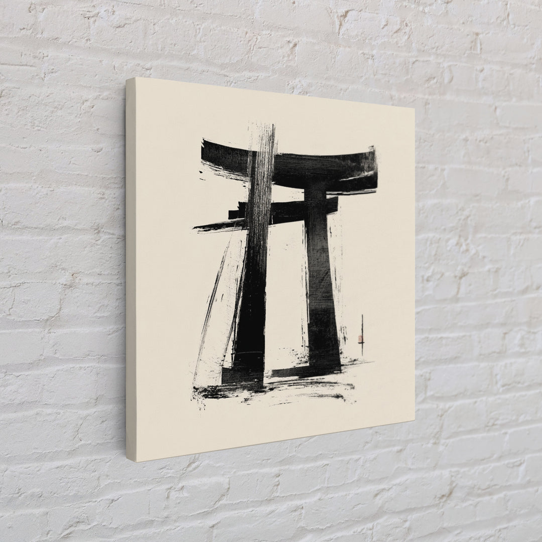 Minimalist Japanese Torii Gate Ink Painting Wall Art, Black And White Zen Decor Framed Canvas Print
