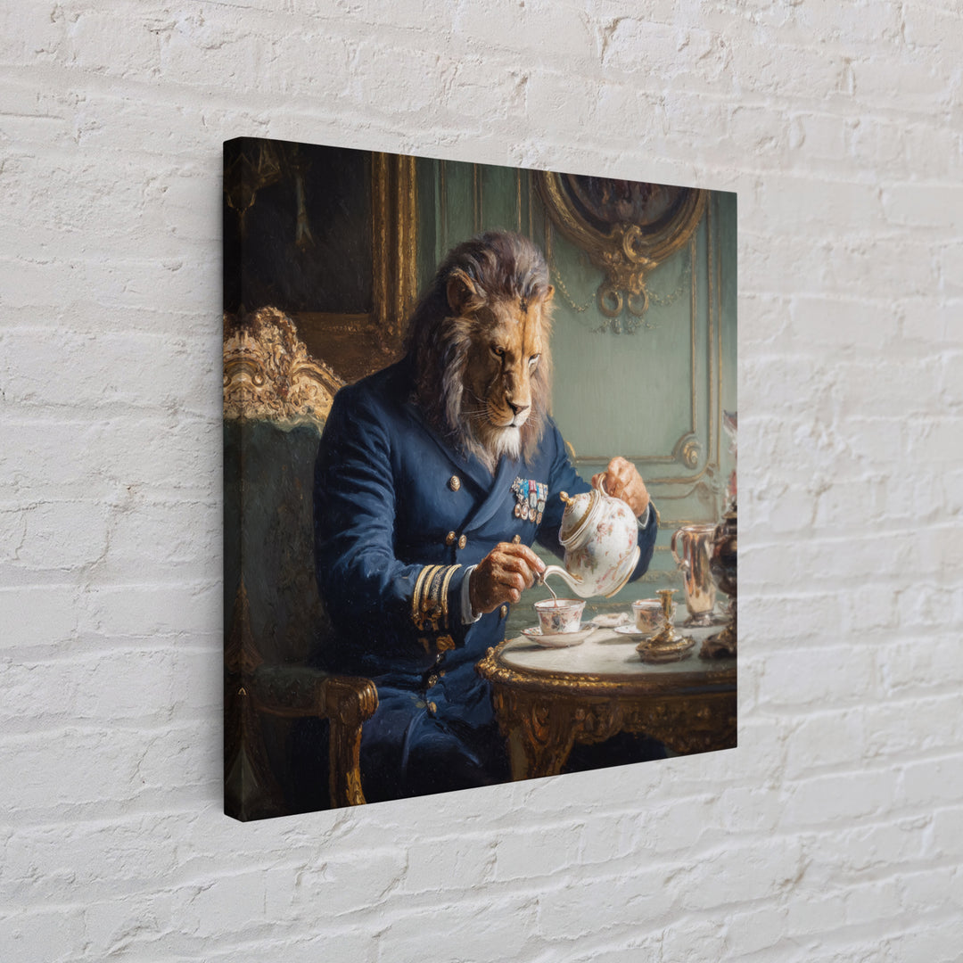 Lion Admiral Pouring Tea Wall Art, Whimsical Animal Portrait, Royal Navy Home Decor, Maximalist Canvas, Unique Gift For Him