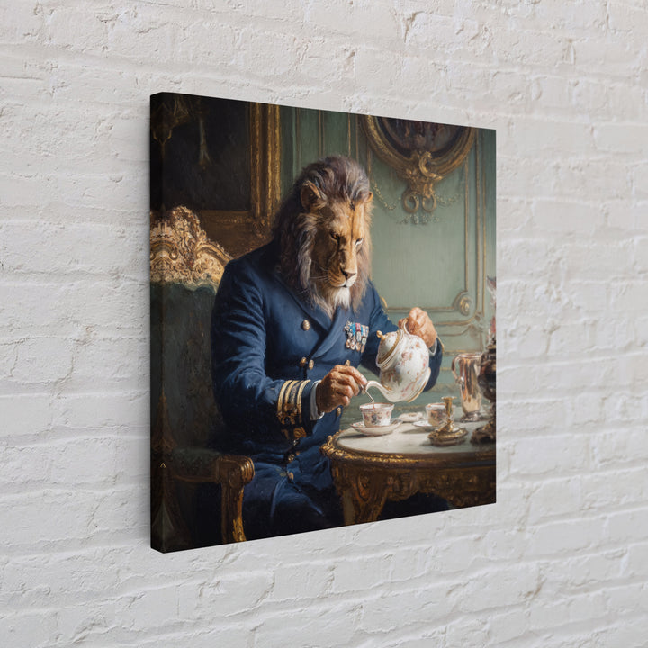 Lion Admiral Pouring Tea Wall Art, Whimsical Animal Portrait, Royal Navy Home Decor, Maximalist Canvas, Unique Gift For Him