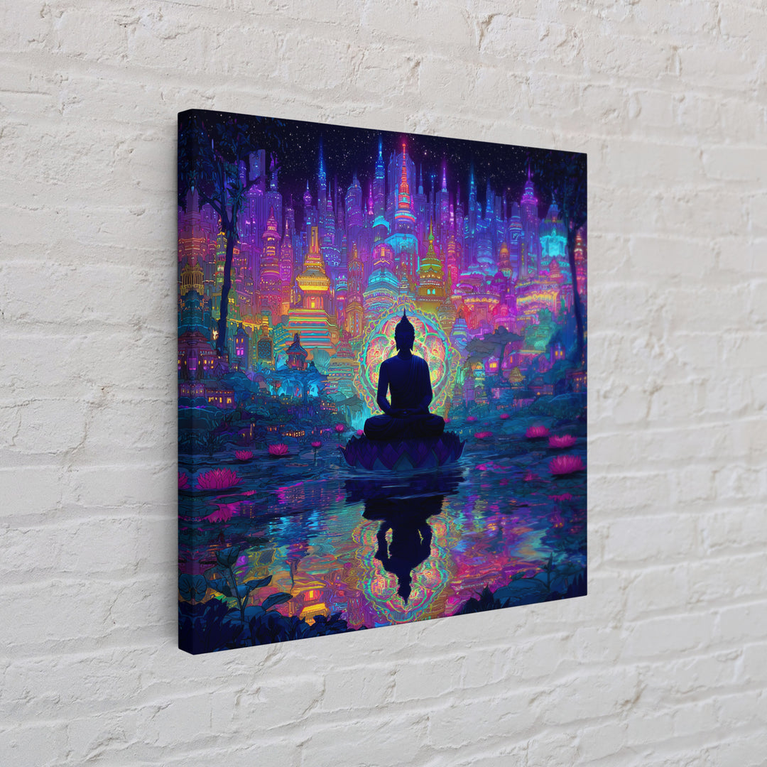Neon Buddha Cityscape Meditation Wall Art, Spiritual Cyberpunk Canvas Print, Colorful Zen Meditation Room Decor