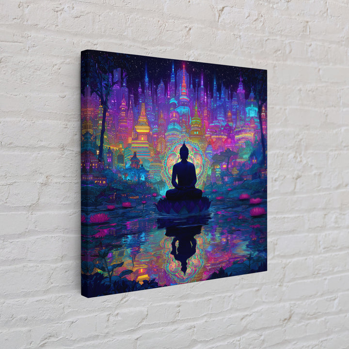 Neon Buddha Cityscape Meditation Wall Art, Spiritual Cyberpunk Canvas Print, Colorful Zen Meditation Room Decor