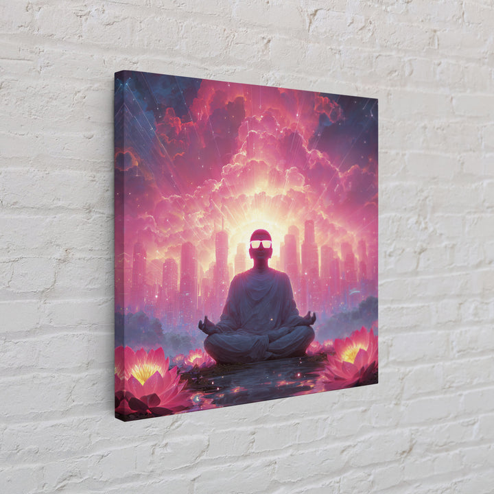 Neon Buddha Cityscape Meditation Wall Art, Psychedelic Lotus Sunset Canvas Print, Futuristic Spiritual Decor For Modern Living Room