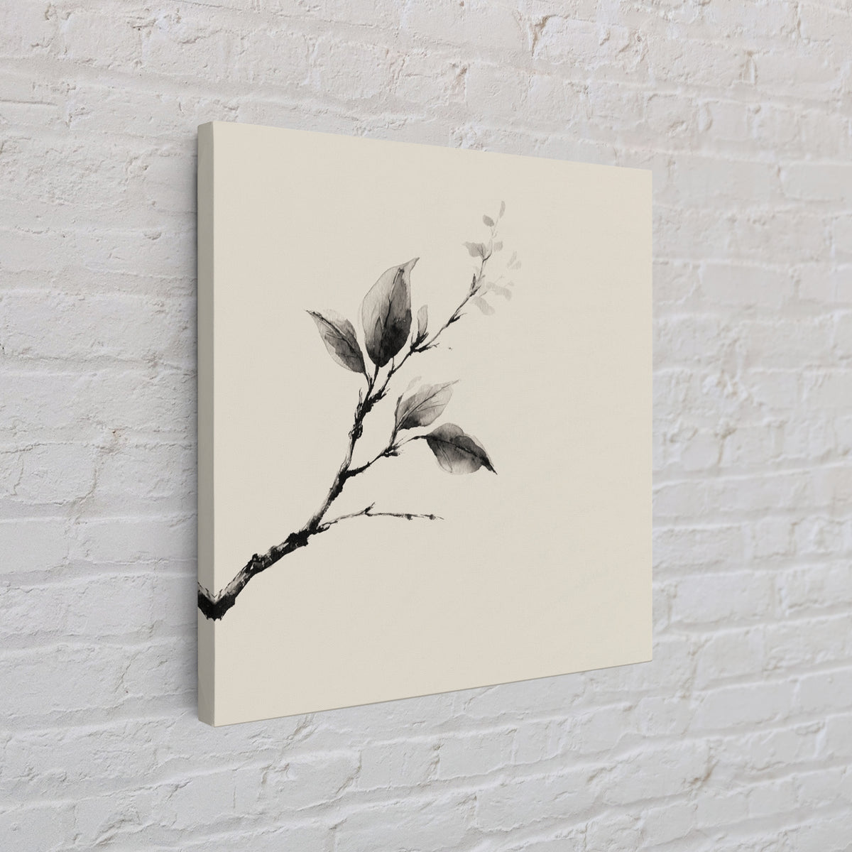 Minimal Ink Botanical Branch Wall Art, Neutral Japandi Nature Print, Calm Wabi Sabi Style Above Bed Framed Canvas Print