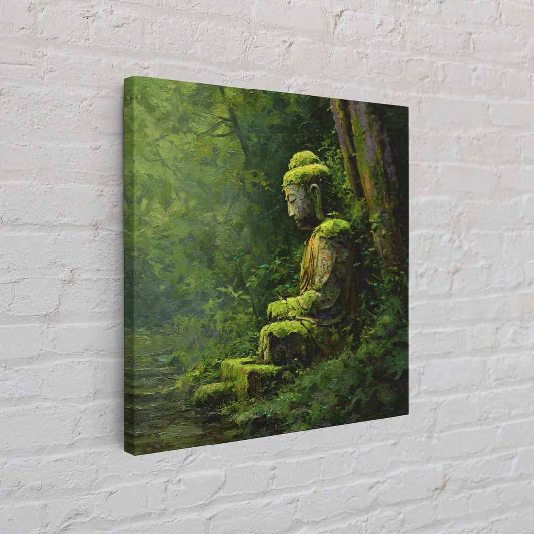 Serene Green Moss Covered Buddha Statue Wall Art Oil Painting Canvas Print For Peaceful Zen Home Decor And Meditation Room Wall