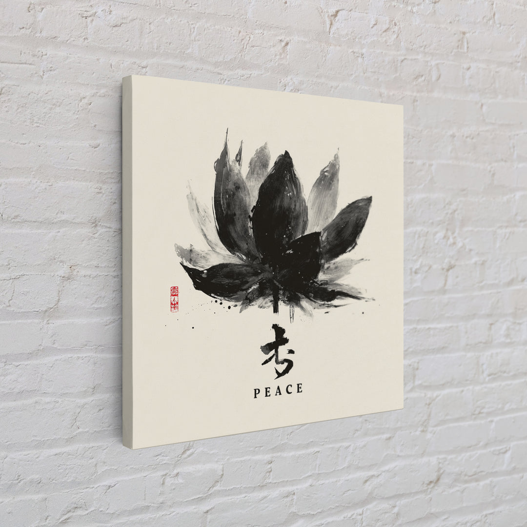 Black Ink Lotus Flower With Peace Kanji Wall Art, Minimalist Zen Calligraphy Framed Canvas Print For Meditation Space