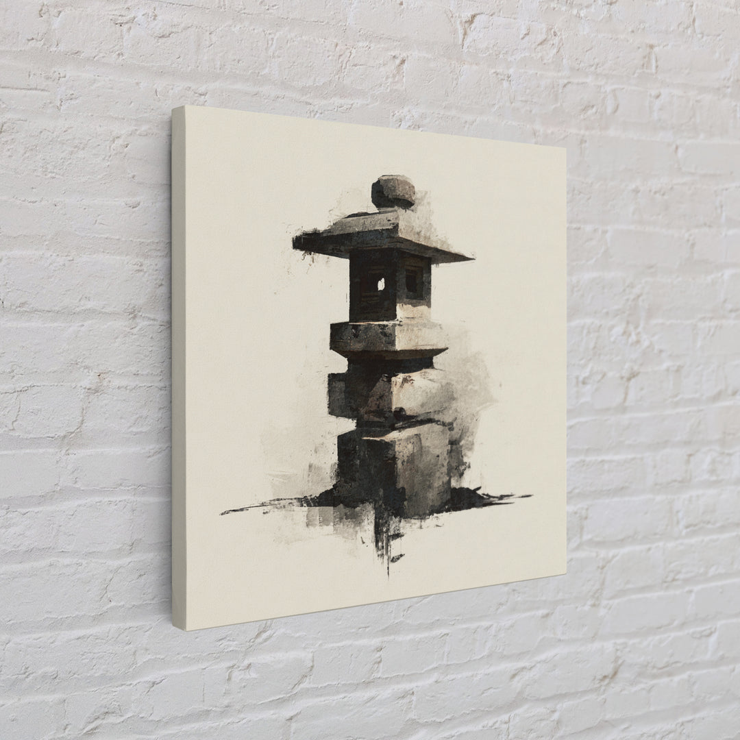 Minimal Japanese Stone Lantern Wall Art, Ink Style Zen Painting, Wabi Sabi Neutral Print For Japandi Home Decor And Entryway