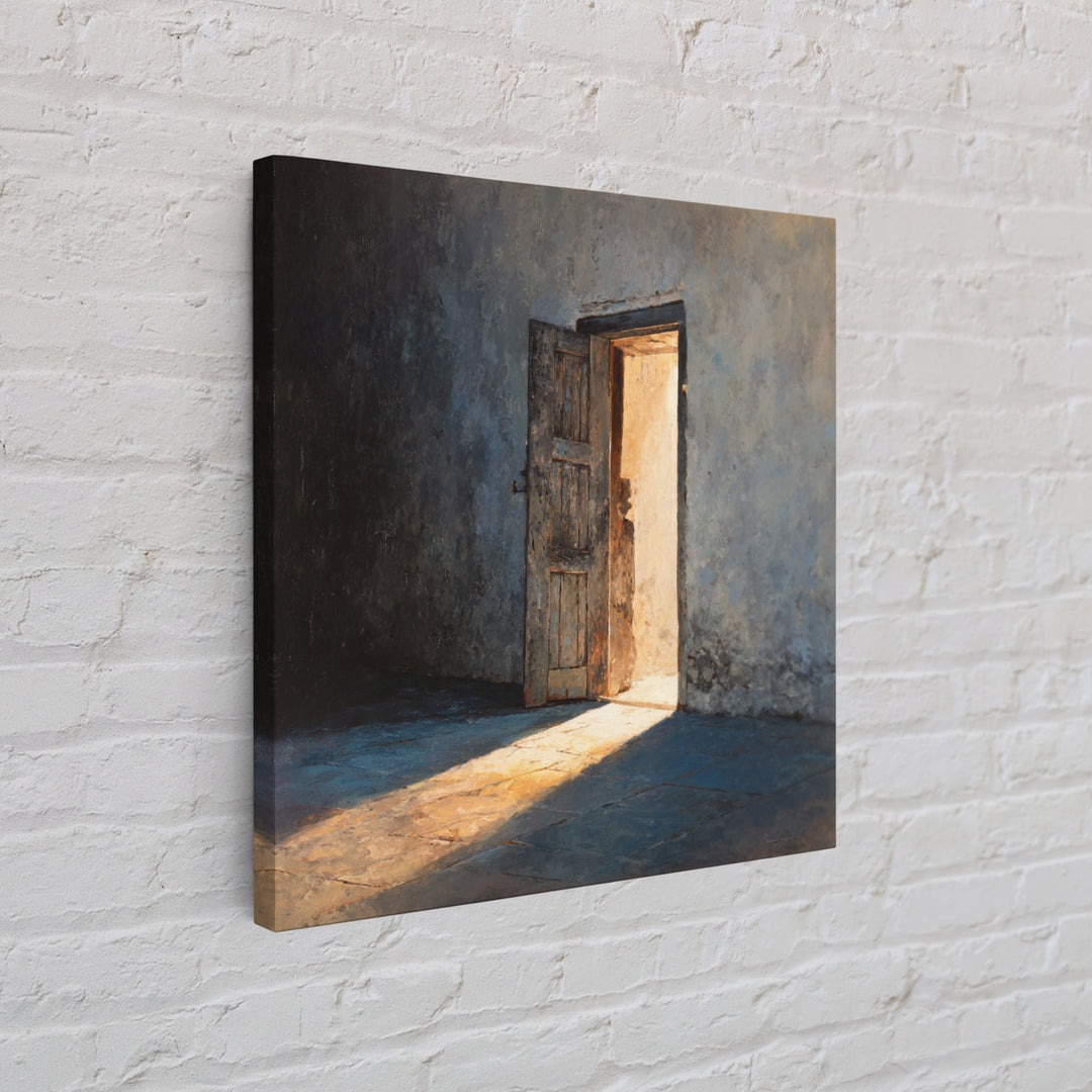 Sunlit Open Door Textured Wall Art Framed Canvas Print, Minimalist Rustic Decor, Moody Wall Art For Entryway Or Living Room