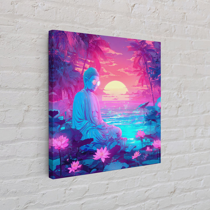 Neon Buddha Meditating By Futuristic Ocean Sunset Wall Art, Psychedelic Zen Lotus Canvas Print