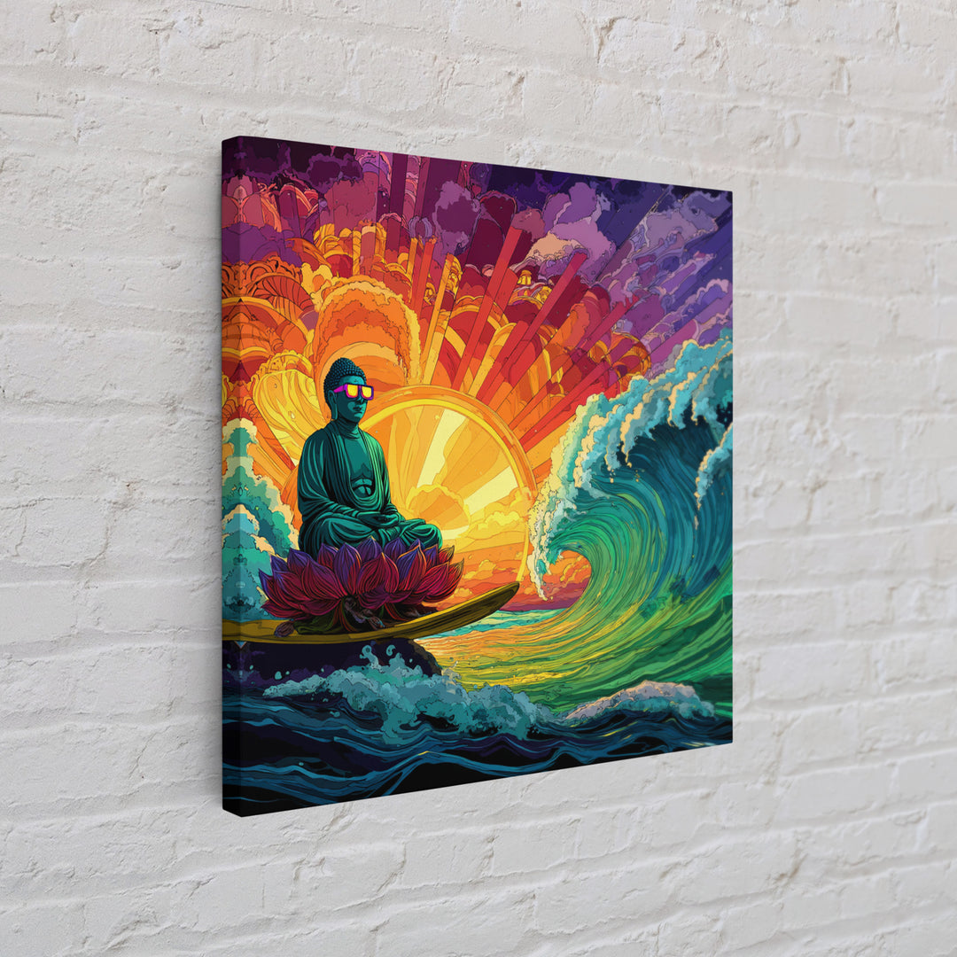 Psychedelic Surfing Buddha In Neon Sunset Waves Wall Art, Trippy Spiritual Canvas Print, Modern Boho Home Decor