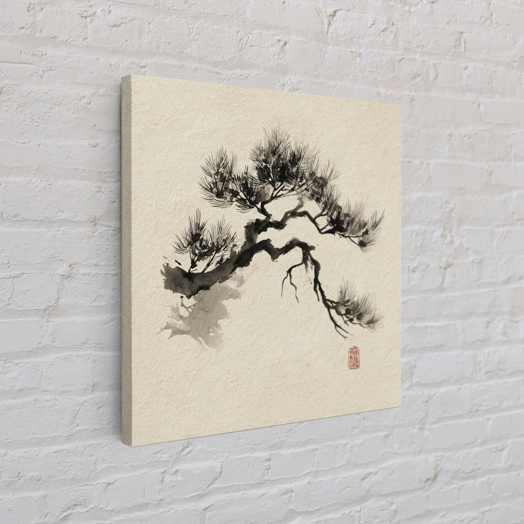 Japanese Ink Pine Tree Wall Art, Minimal Sumi E Landscape Framed Canvas Print, Wabi Sabi Zen Decor For Calm Modern Home Or Office