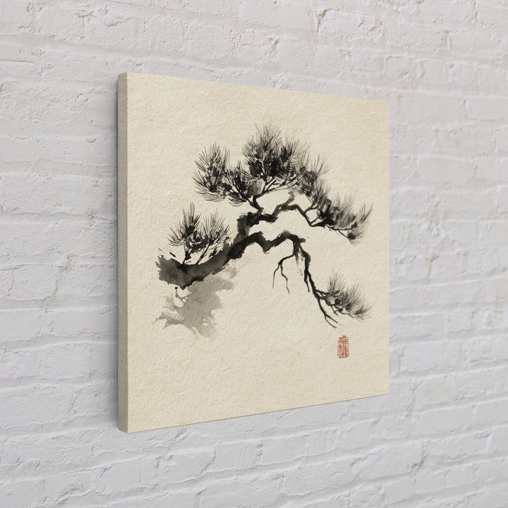 Japanese Ink Pine Tree Wall Art, Minimal Sumi E Landscape Framed Canvas Print, Wabi Sabi Zen Decor For Calm Modern Home Or Office