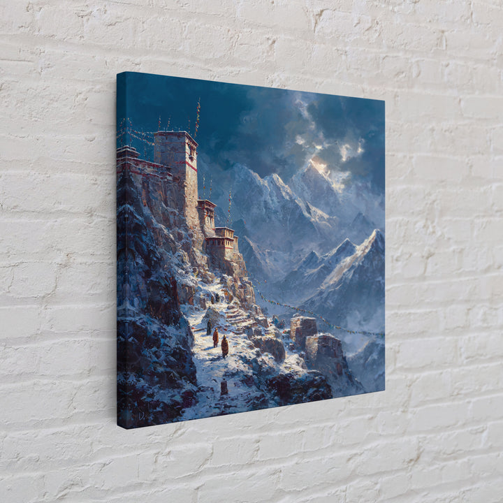 Himalayan Monastery Mountain Snow Wall Art, Dramatic Winter Landscape Canvas Print, Moody Travel Home Decor