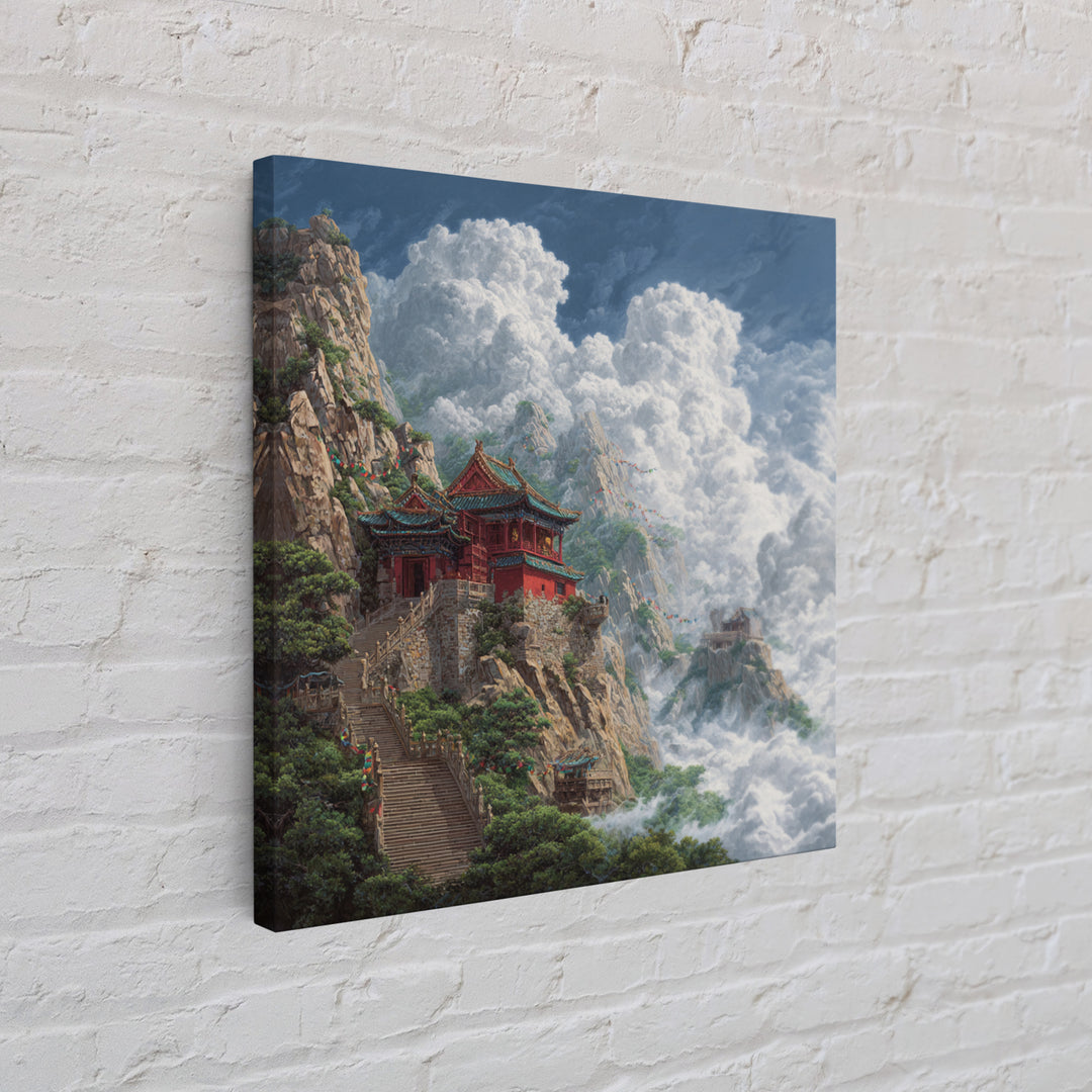 Temple Above The Clouds Fantasy Mountain Landscape Wall Art, Asian Inspired Nature Home Decor, Large Canvas Print