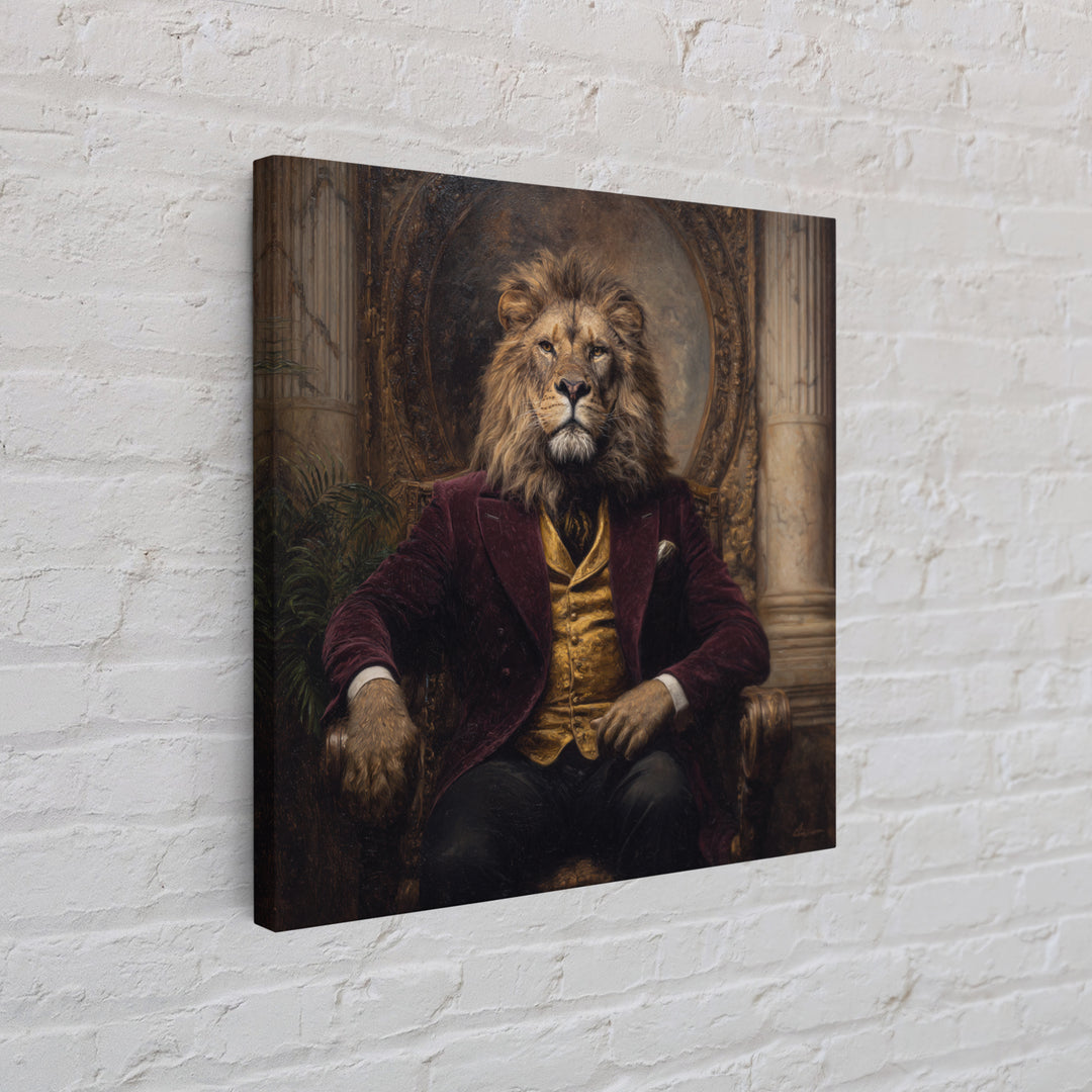 Majestic Lion In Burgundy Suit Framed Canvas Print, Victorian Animal Portrait, Dark Academia Office Decor, Luxury Wall Decor