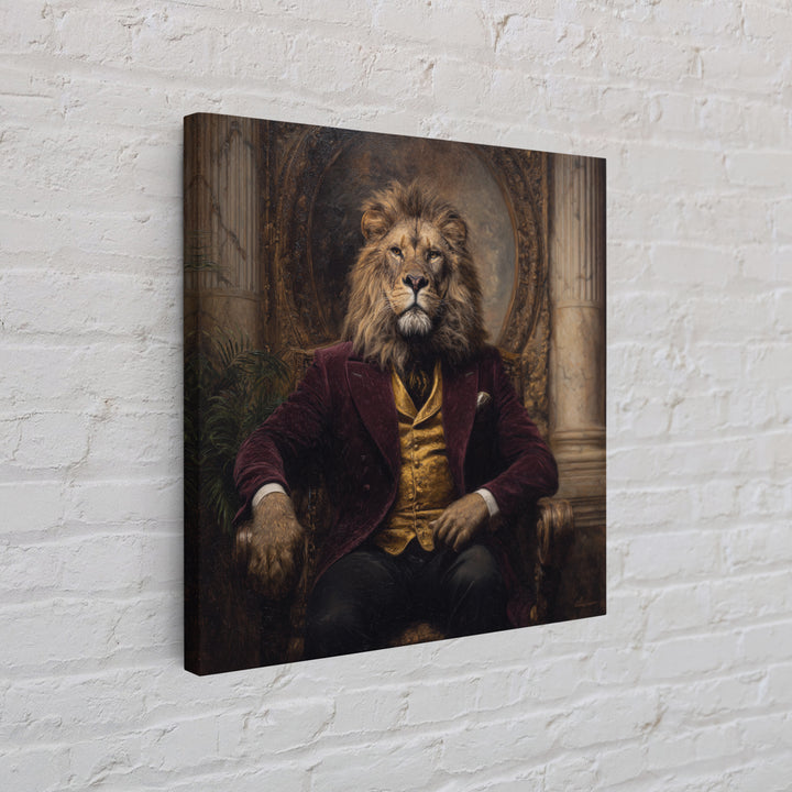 Majestic Lion In Burgundy Suit Framed Canvas Print, Victorian Animal Portrait, Dark Academia Office Decor, Luxury Wall Decor