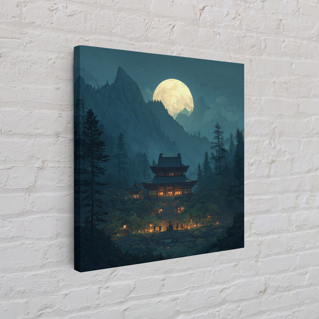Moonlit Mountain Temple Landscape Wall Art Large Framed Canvas Print For Zen Meditation Room And Mystical Home Decor