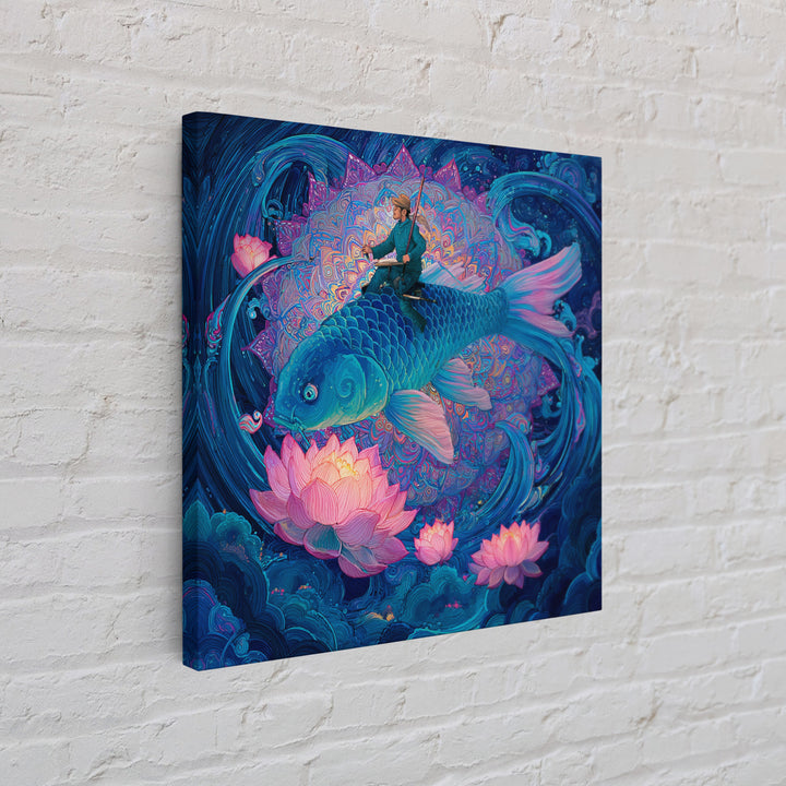 Surreal Fisherman Riding Koi Fantasy Art Wall Art, Celestial Mandala Canvas Print, Mystical Ocean Decor Whimsical Illustration