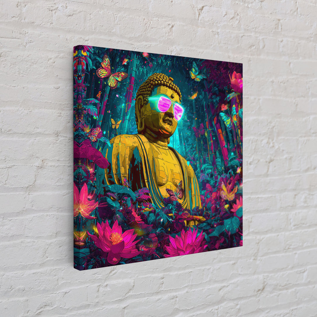 Neon Jungle Buddha With Butterflies Wall Art, Psychedelic Spiritual Canvas Print, Colorful Boho Home Decor