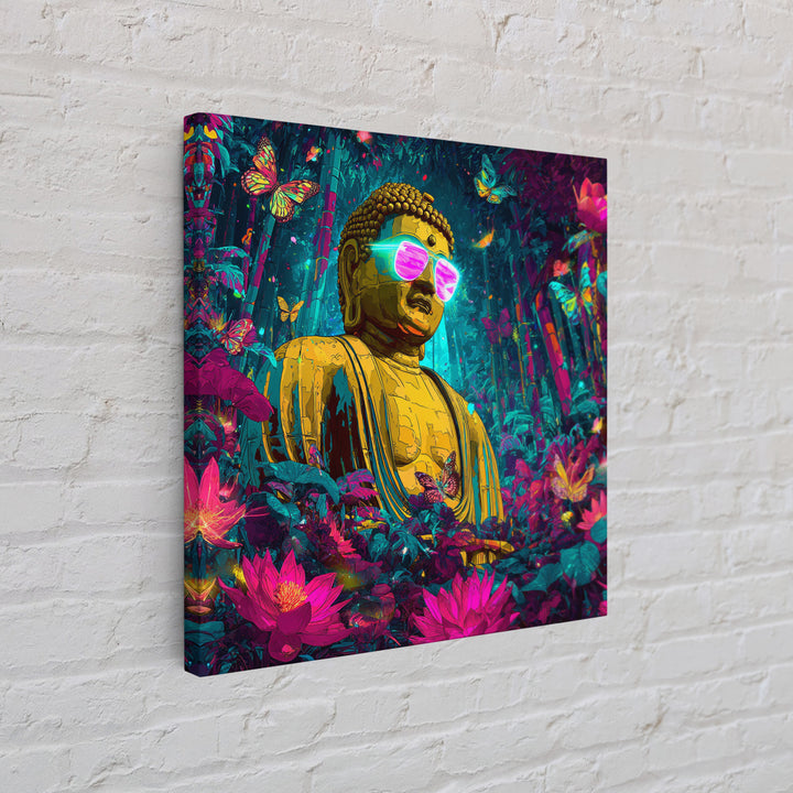 Neon Jungle Buddha With Butterflies Wall Art, Psychedelic Spiritual Canvas Print, Colorful Boho Home Decor