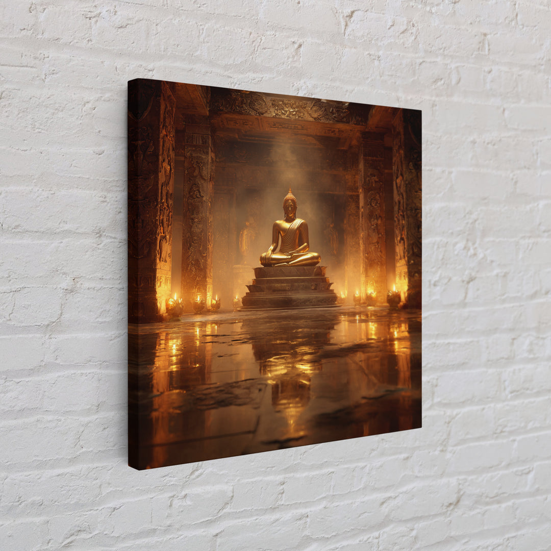 Golden Buddha Temple Wall Art, Serene Zen Statue Framed Canvas Print, Meditation Room Decor, Spiritual Asian Inspired Home Decor