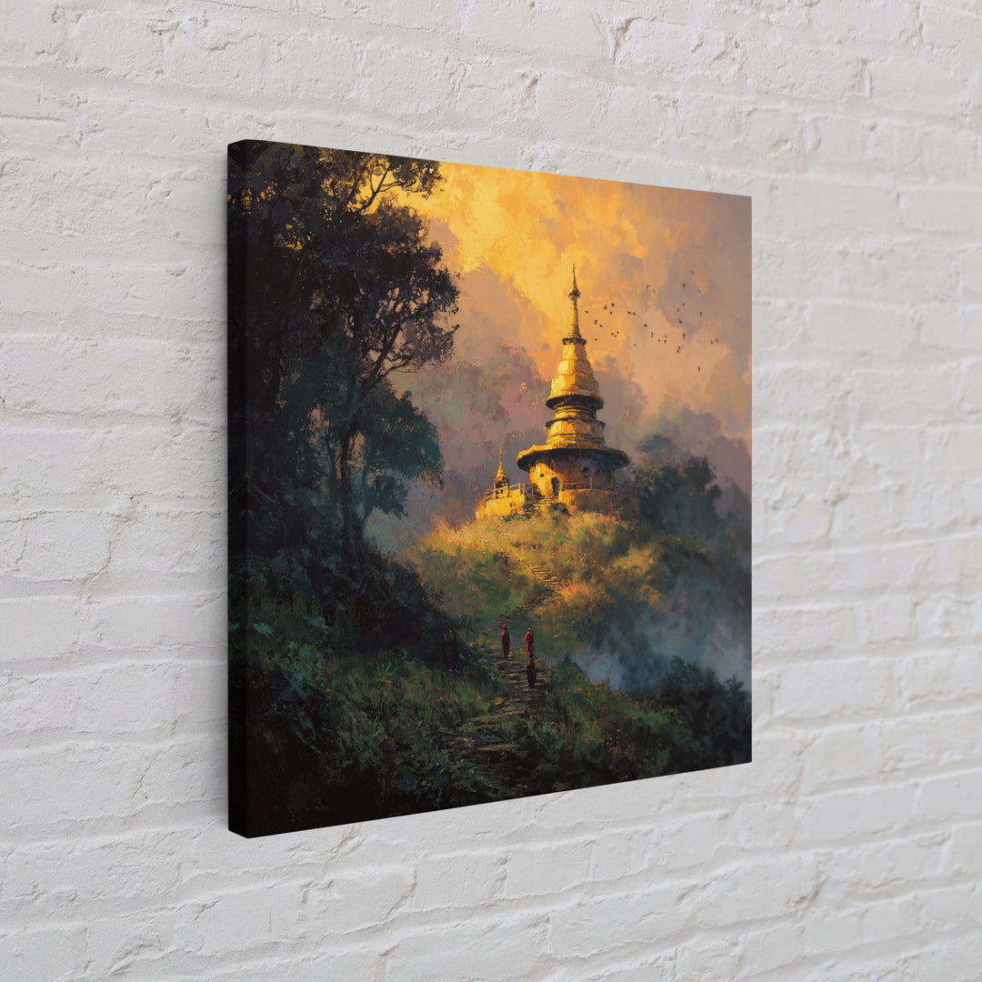 Golden Temple On Hill With Monks Walking Misty Path Wall Art Framed Canvas Print For Spiritual Home Decor