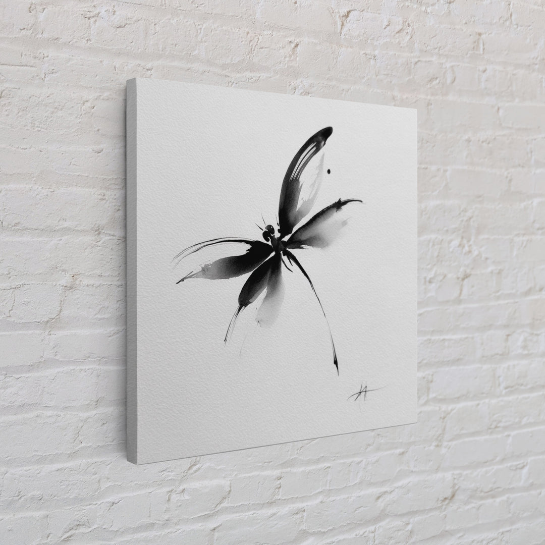 Black And White Ink Butterfly Minimalist Wall Art, Modern Abstract Brushstroke Print, Elegant Monochrome Framed Canvas