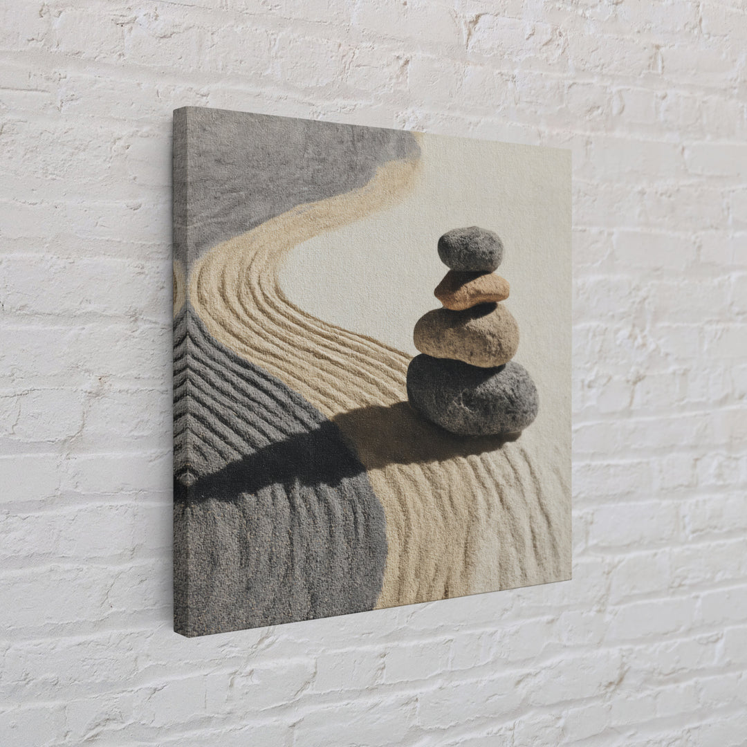 Zen Stones In Raked Sand Minimalist Wall Art, Neutral Abstract Canvas Print For Calming Modern Home Decor Living Room