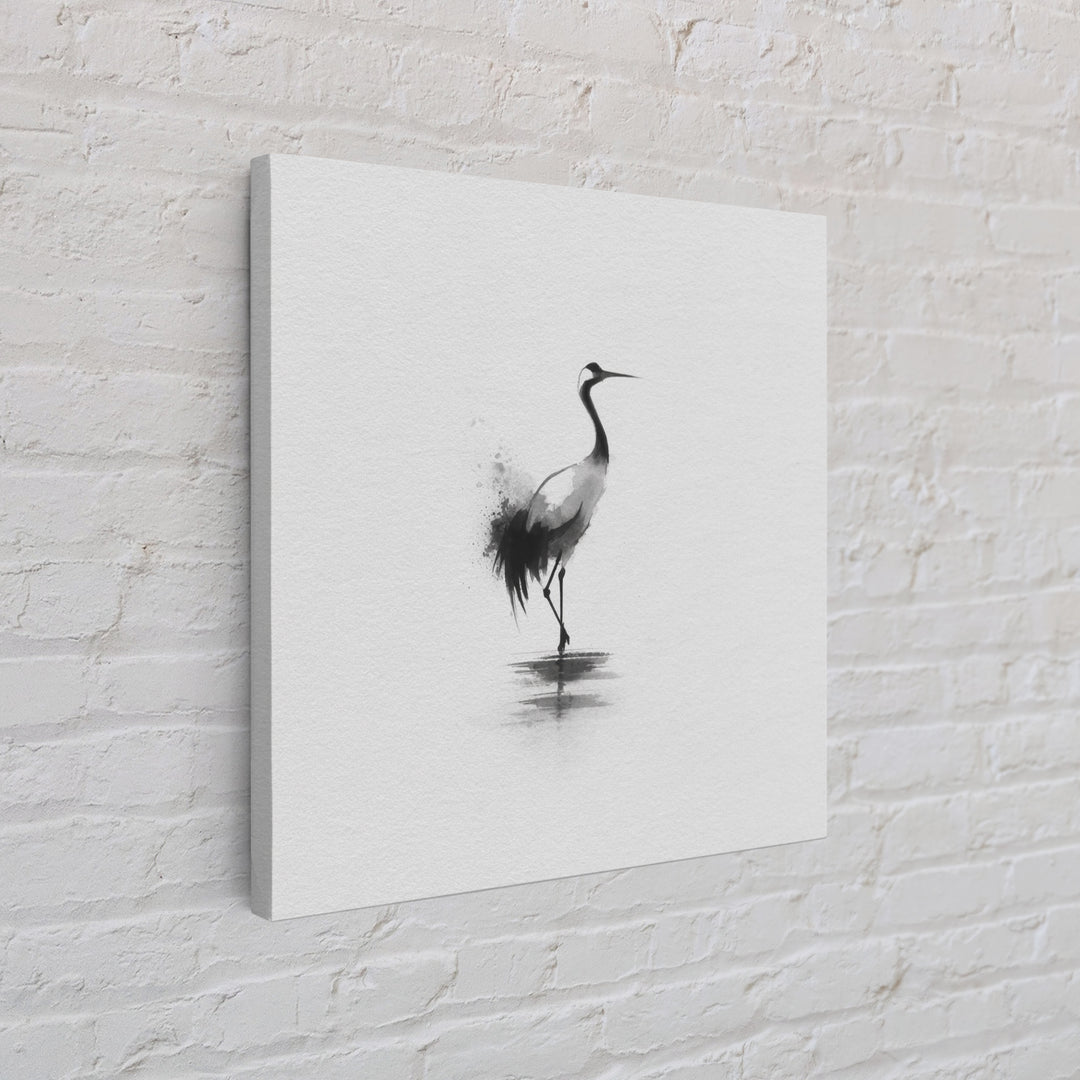 Minimal Japanese Crane Ink Wall Art, Black And White Bird Painting Canvas Print, Zen Nature Decor For Modern Home