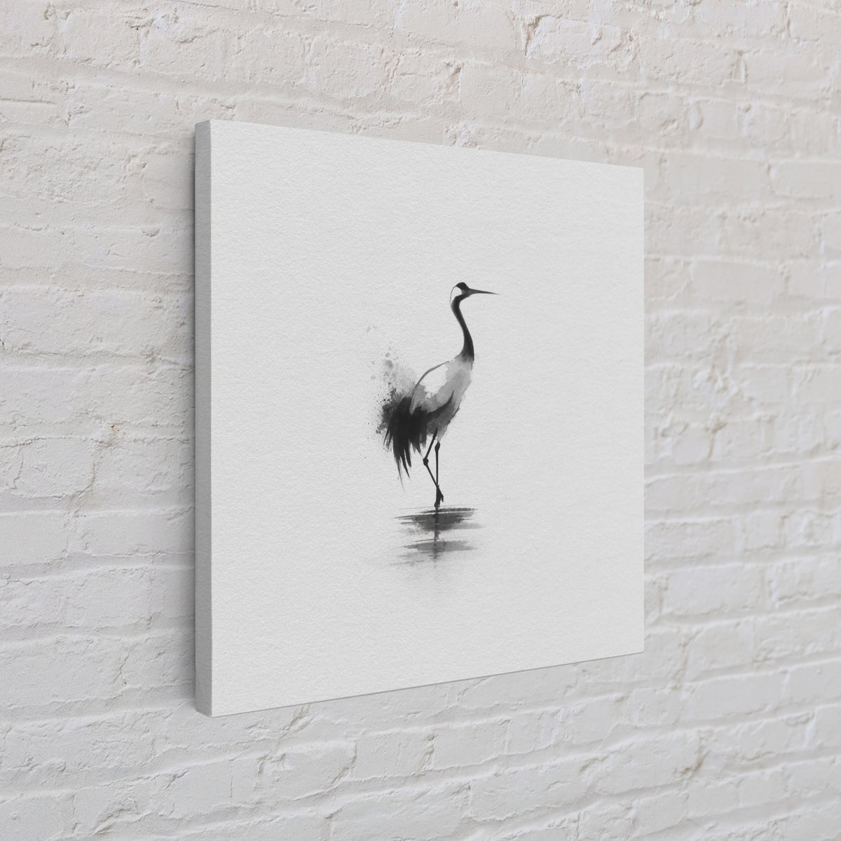 Minimal Japanese Crane Ink Wall Art, Black And White Bird Painting Canvas Print, Zen Nature Decor For Modern Home