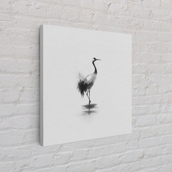 Minimal Japanese Crane Ink Wall Art, Black And White Bird Painting Canvas Print, Zen Nature Decor For Modern Home